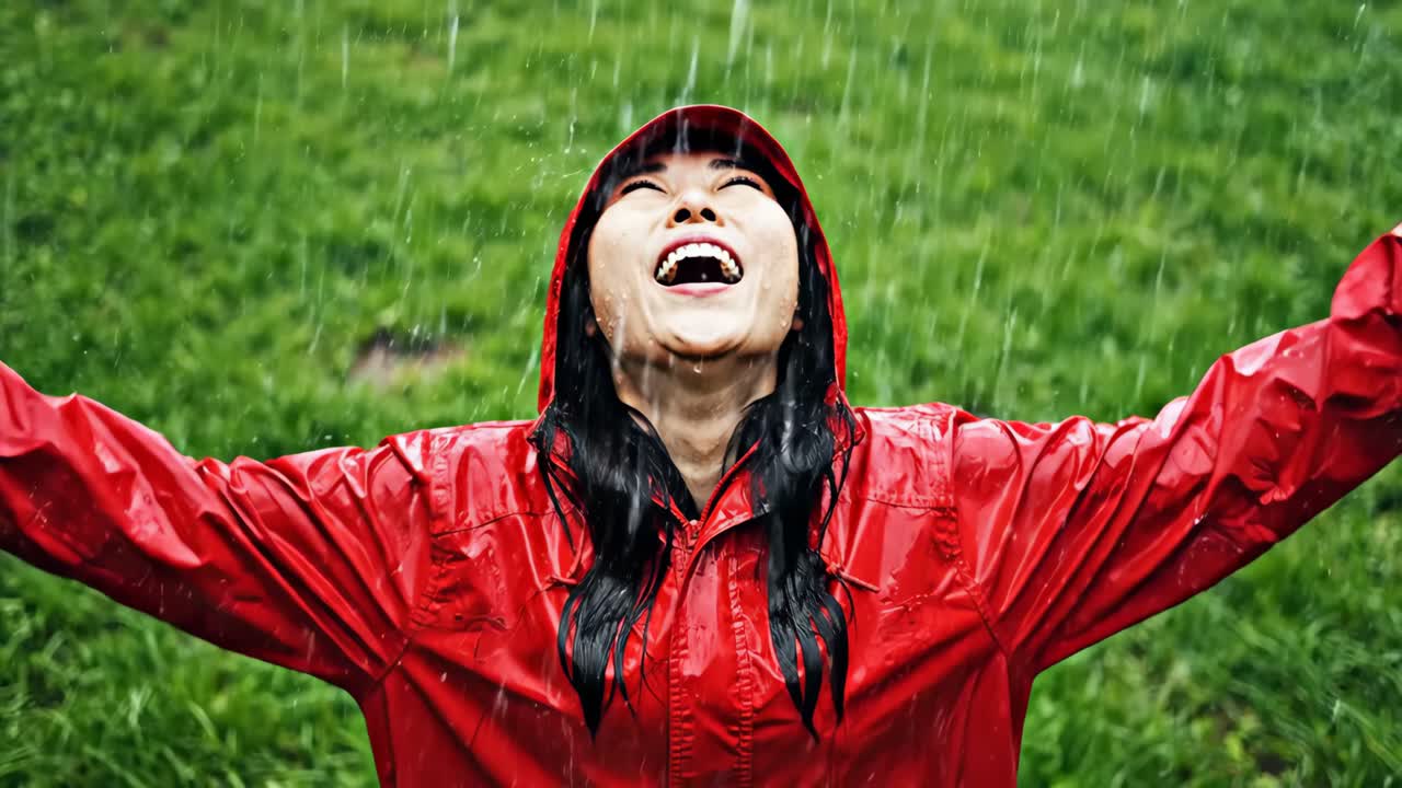 Happy woman in red raincoat enjoying the rain