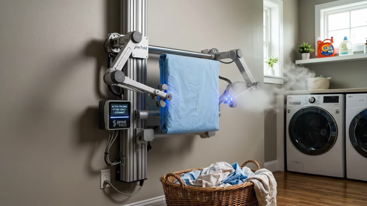 Robotic Laundry Folding Machine Steaming and Folding a Sheet