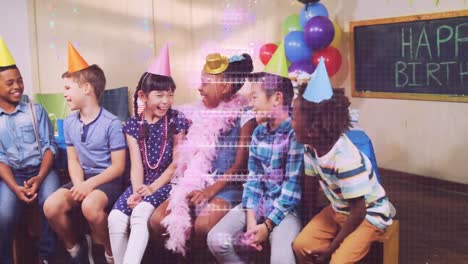 animation of dna strand over diverse children with party hats at birthday party