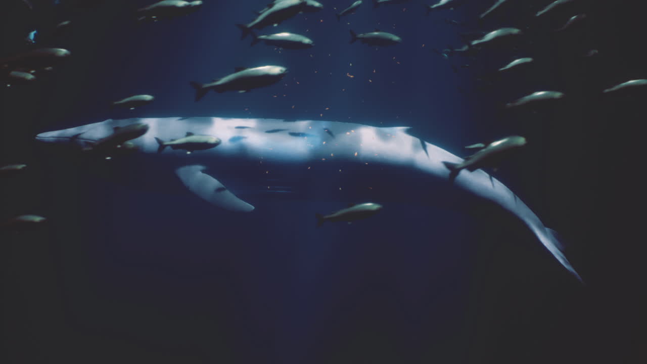 Majestic whale swimming gracefully among fish in deep ocean waters