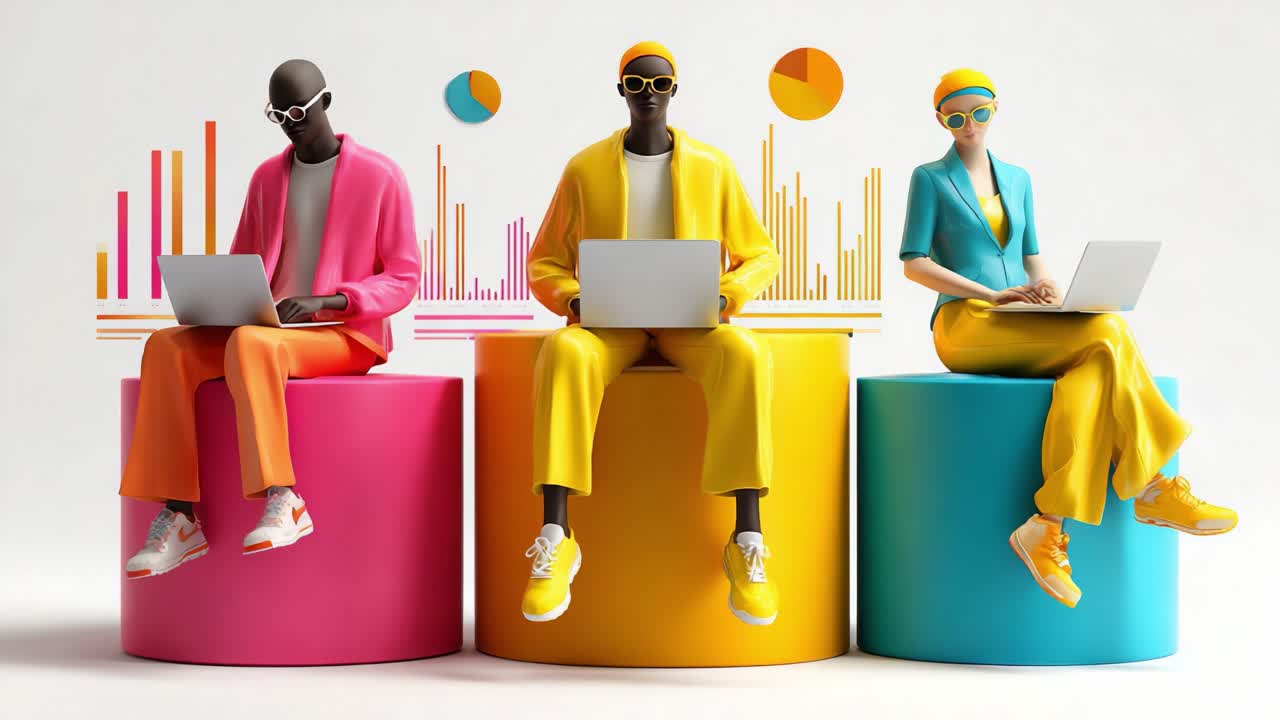 Three Stylish Individuals Engaged in Productive Work, Utilizing Laptops Against a Backdrop of Colorful Bar Graphs and Statistical Visualizations, Indicating Data Analysis and Modern Technology Trends