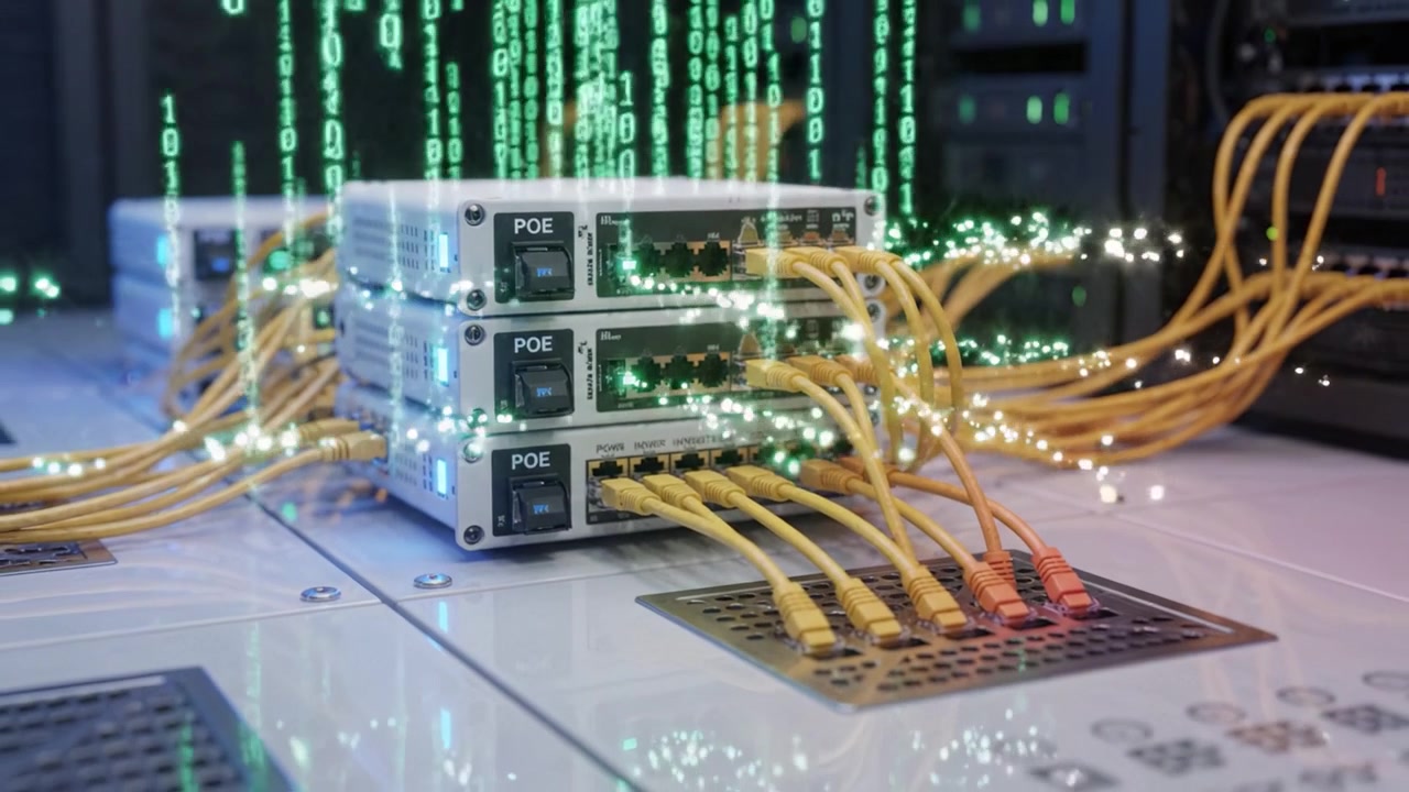 Advanced Networking Equipment with Power over Ethernet (PoE) Technology in a Data Center Environment Featuring Connected Cables and Data Flow Visualizations