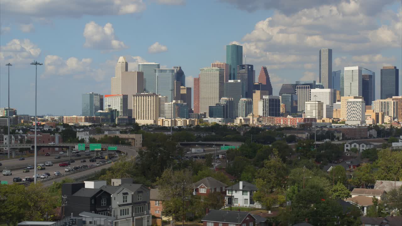 Aerial shot of downtown Houston moving to the right