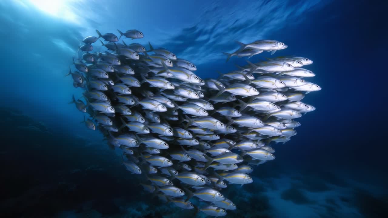 A captivating underwater scene featuring a school of fish swimming in a heart formation, showcasing the beauty of marine life and nature's artistic display