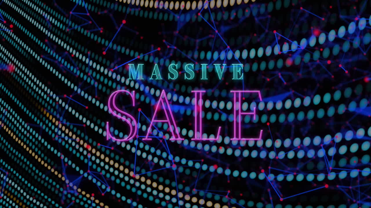 플렉서스 네트워크 및 라이트 트레일에 대한 네온 대량 판매 텍스트 배너의 애니메이션