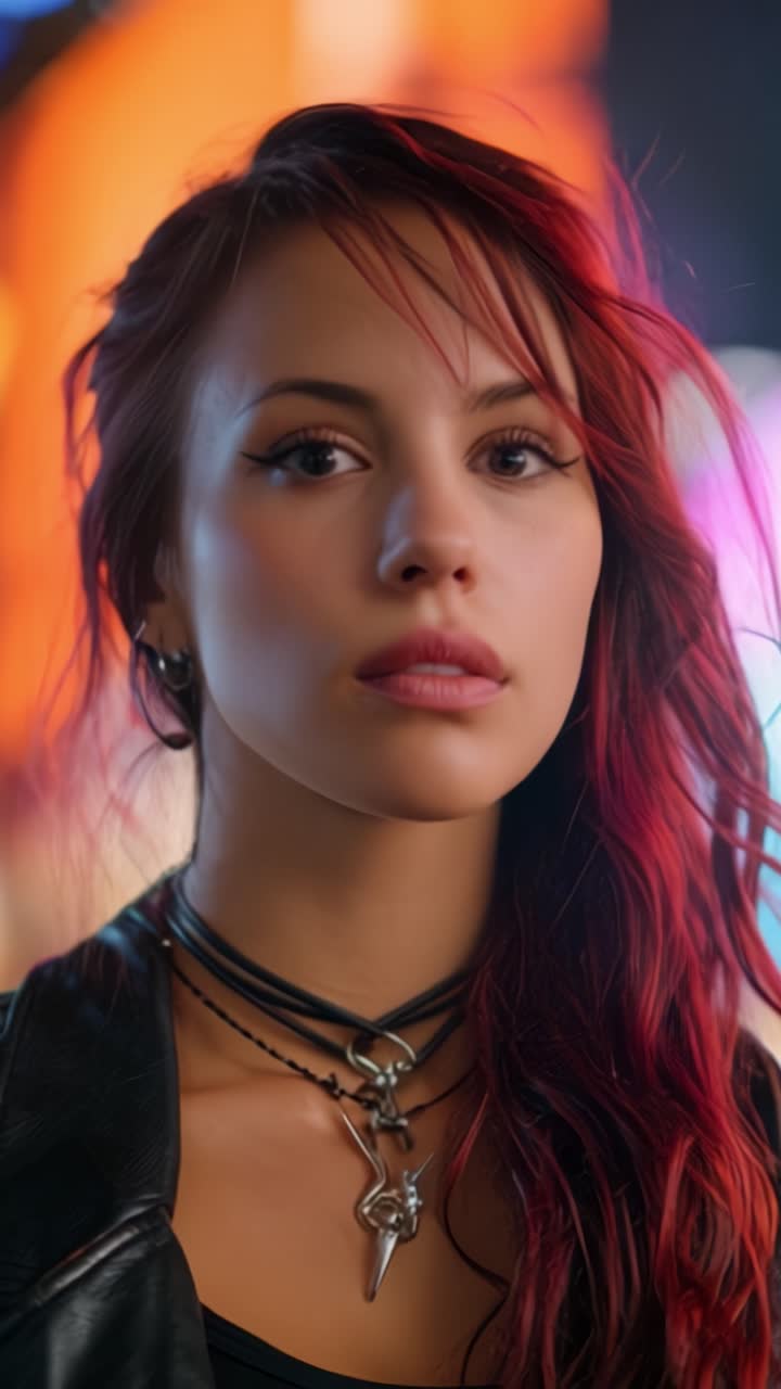 Splendido ritratto di una donna con vibranti capelli rossi e accessori audaci, catturato in un ambiente urbano colorato, che mostra uno stile ed espressione unici