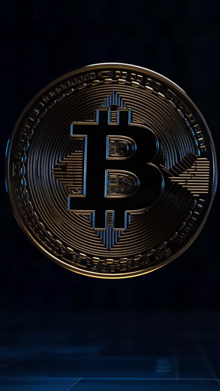 Animazione rotante di Bitcoin dorato su sfondo scuro, criptovaluta cinematografica 4K.