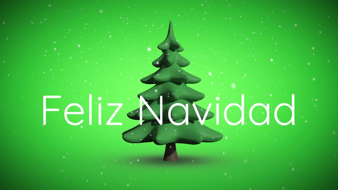 animación de feliz navidad texto sobre árbol de navidad y nieve cayendo sobre fondo verde