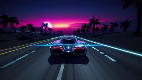 Futuristic sports car speeding down a desert highway at sunset, with neon lights illuminating the road and palm trees silhouetted against a vibrant sky