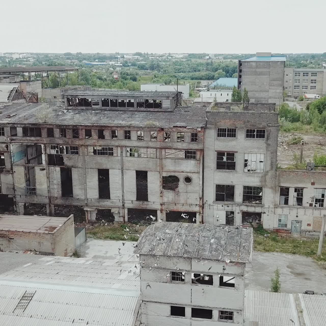 Ruins of an old factory. Old industrial building for demolition. Aerial view