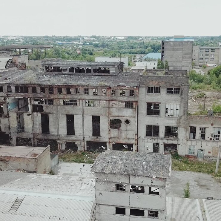 Ruinas de una antigua fábrica. Edificio industrial antiguo para demolición. Vista aérea