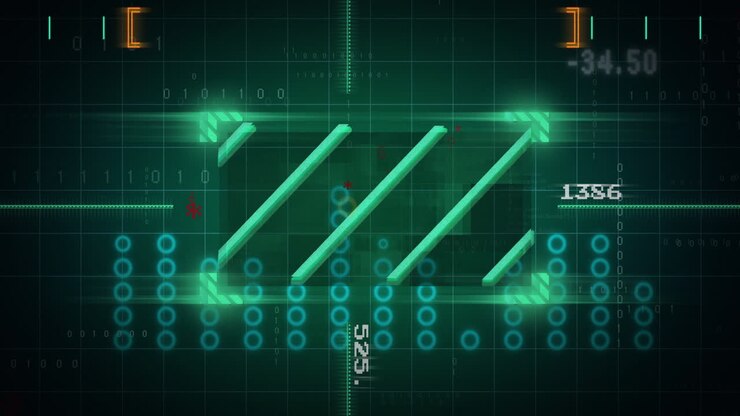 Digital data processing animation with binary code and geometric shapes