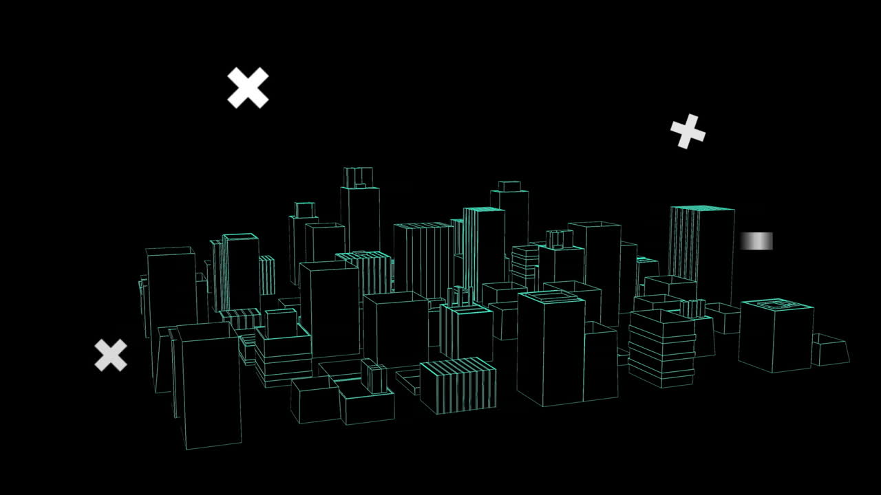 Neon green wireframe blocks floating across black void, forming abstract digital cityscape