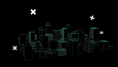 neon green wireframe blocks floating across black void, forming abstract digital cityscape