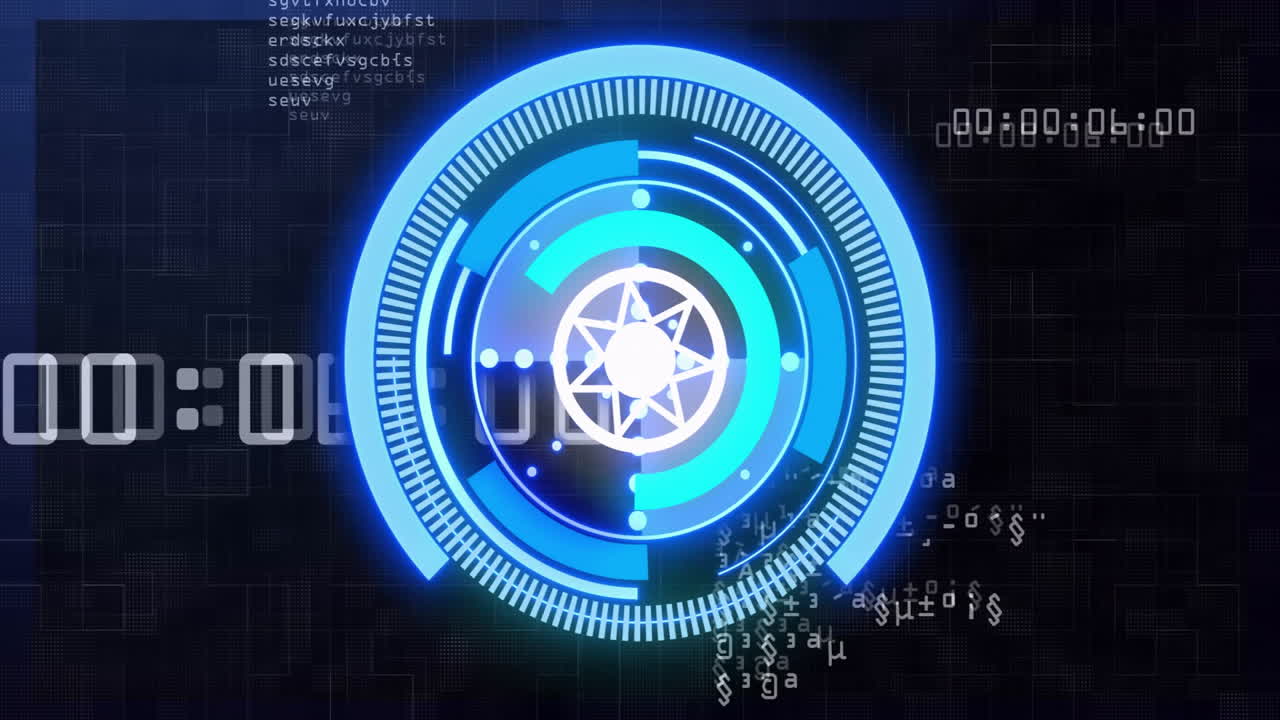 Rotating blue circular elements with animation and binary code on digital interface