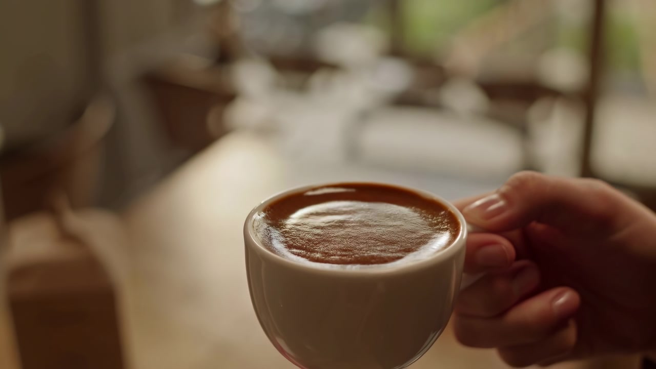 Una mano destra tiene una piccola tazza di ceramica bianca in primo piano, inclinando delicatamente verso lo spettatore, mentre la crema lucida dell'espresso mostra increspature concentriche e un riflesso luminoso contro un caldo interno sfocato di un lounge.