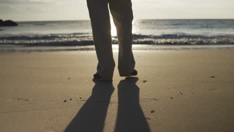 Vista-Trasera-De-Un-Hombre-Mayor-Caminando-Por-La-Playa.