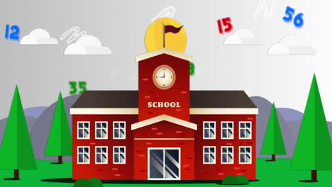 digital animation of multiple changing numbers and alphabets against school landscape icon