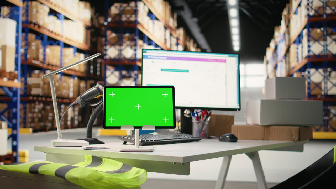 Vertical Video Empty warehouse space shows isolated chroma key display on pc