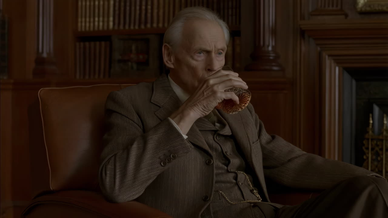 Elderly Gentleman Sipping Whiskey in a Study