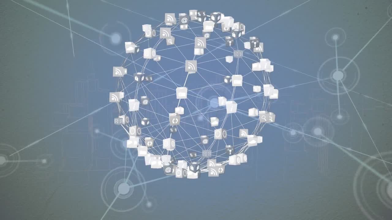 파란색 배경에 아이콘과 모양을 가진 연결 네트워크의 애니메이션