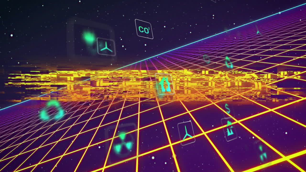 Get Ready text animation over neon grid with digital icons in space theme