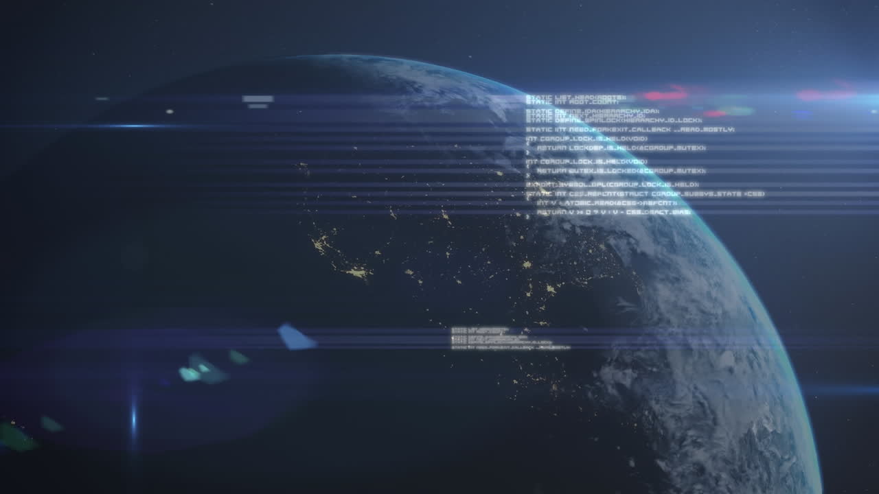Animation of data processing and glowing light trails over planet earth