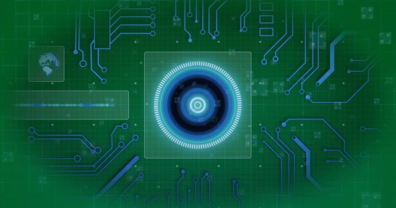 Digitales Interface mit rundem Scanner und Mikroprozessor-Verbindungen vor blauem Hintergrund.
