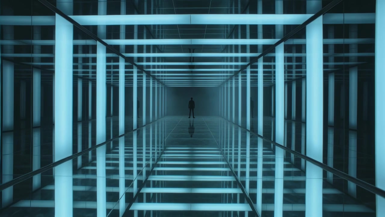 Standing silhouette in light corridor, mirrored floor reflecting repeating frames for art