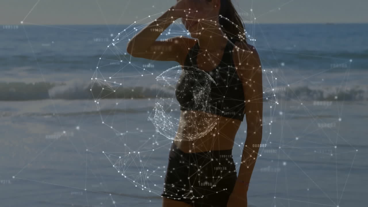 Digital network animation over person exercising on beach near ocean waves