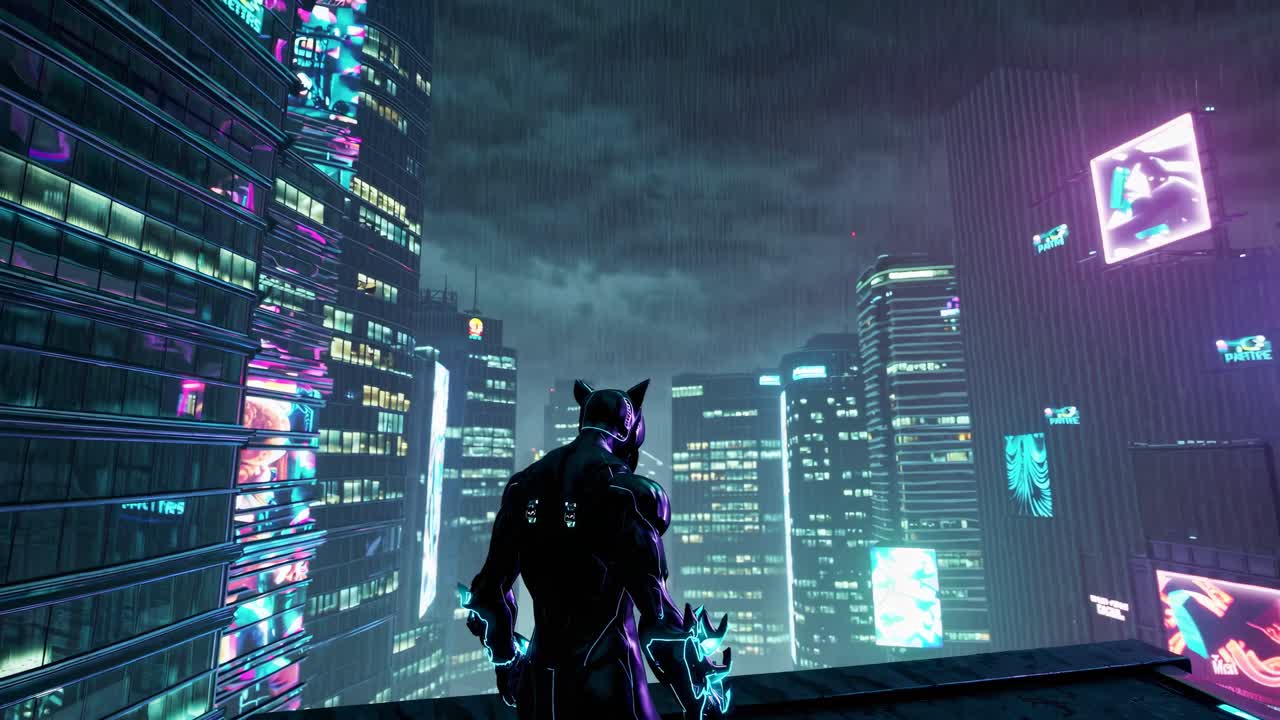 Cyberpunk Superhero in a Neon Rainstorm City