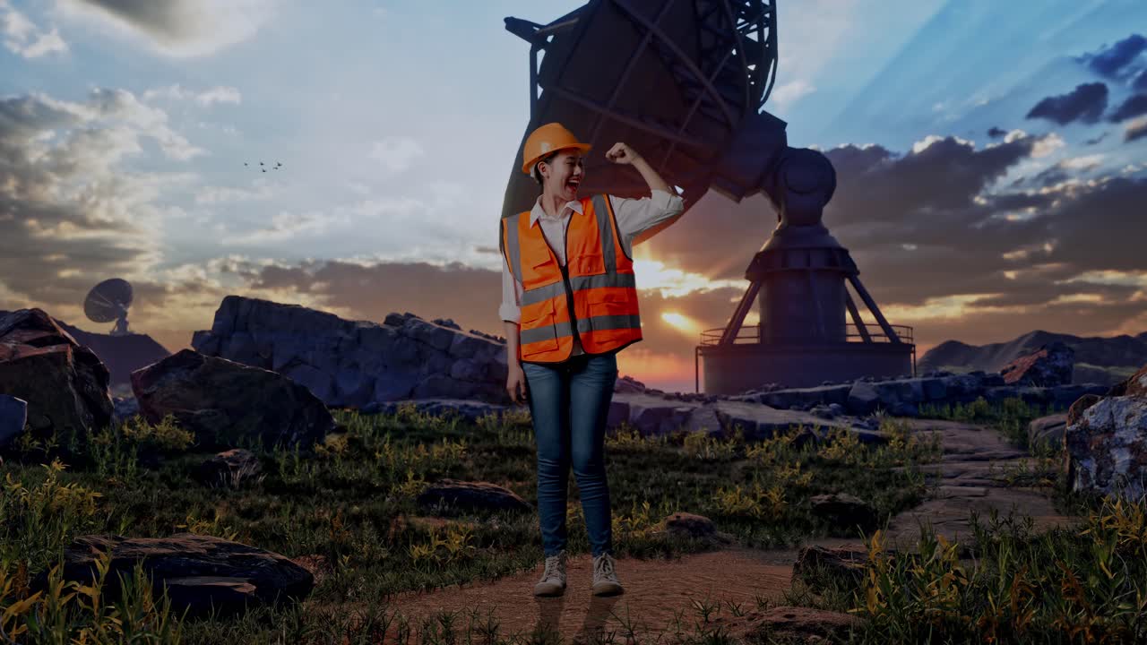 Full Body Of Asian Female Engineer With Safety Helmet Flexing Her Bicep And Smiling To Camera While Standing With Large Satellite Dish