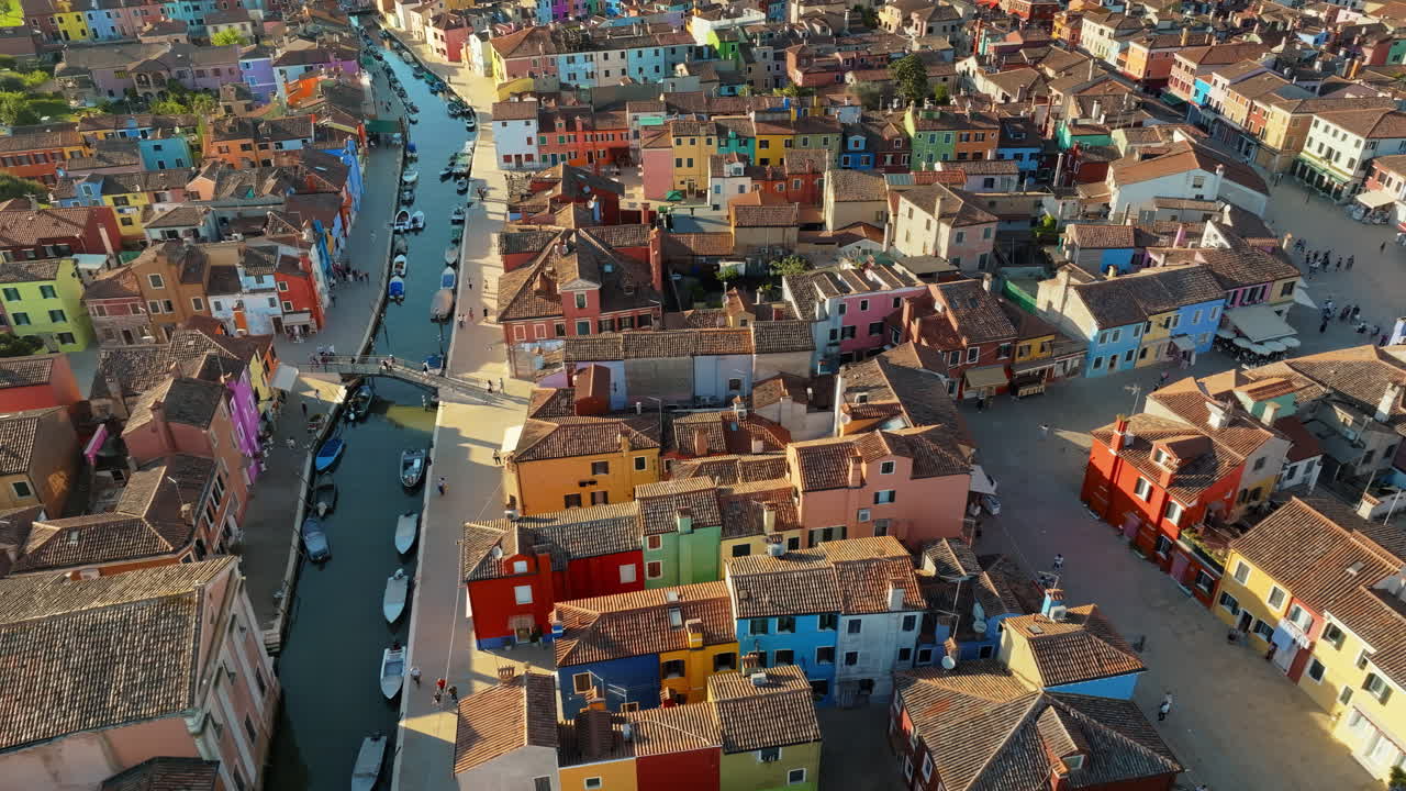 Aerial drone view of the colourful houses of Burano Island, Italy