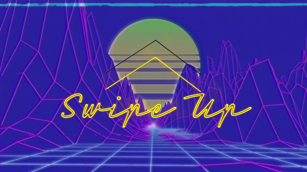 태양에 대항하여 산 사이를 움직이는 화살표로 텍스트를 위로 스와이프하는 애니메이션