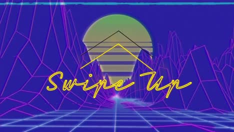 Animation-of-swipe-up-text-with-arrows-moving-amidst-mountains-against-sun