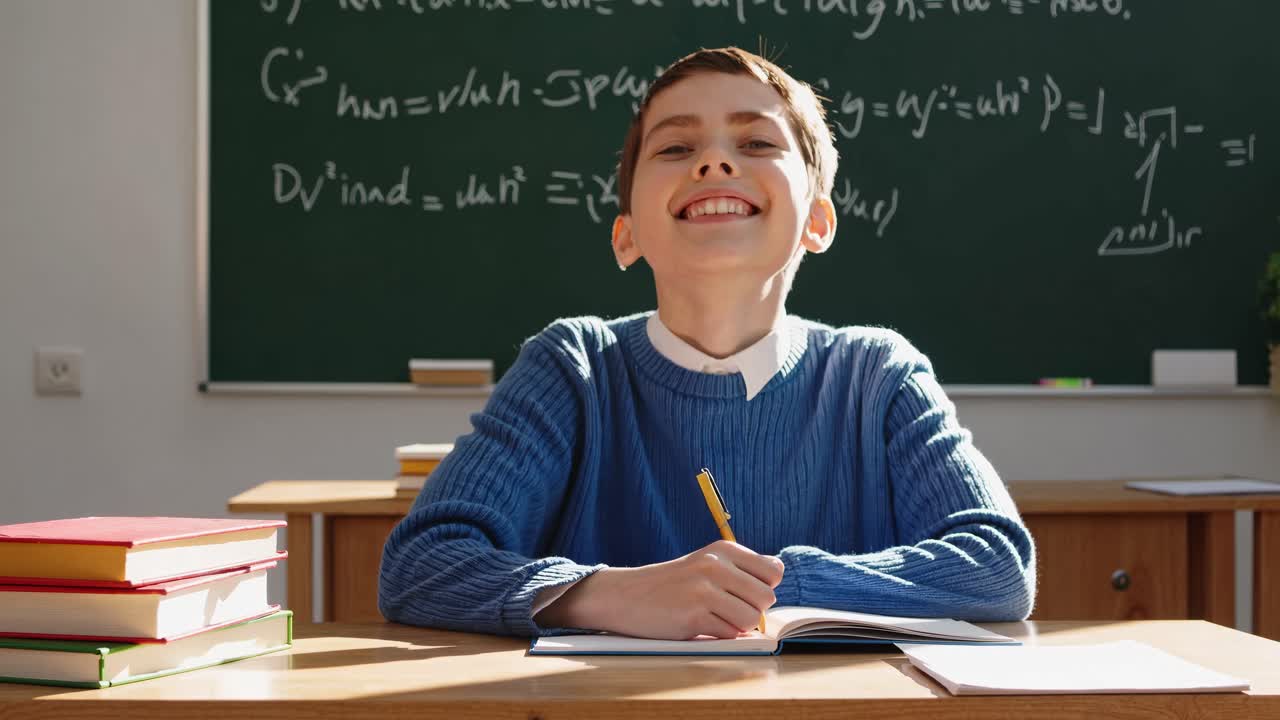 Un ragazzo allegro con un maglione blu scrive su un quaderno a una scrivania
