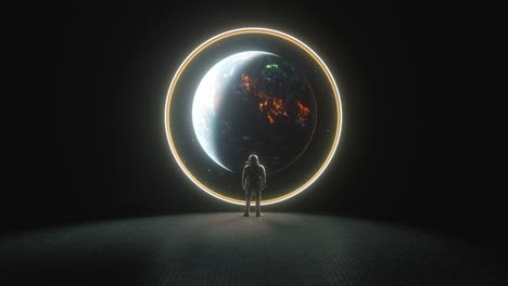 astronaut standing before a portal to another dimension