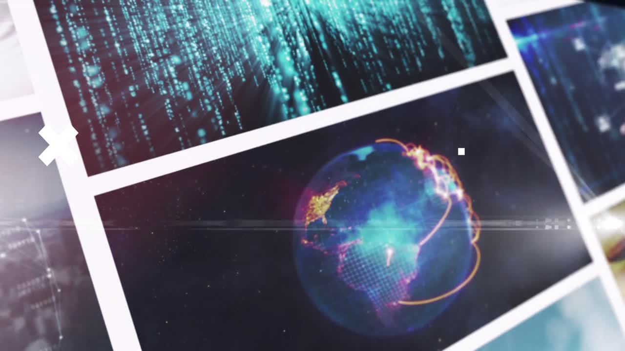 animación de cruces blancas en múltiples pantallas de videoclips de tecnología, negocios y ocio