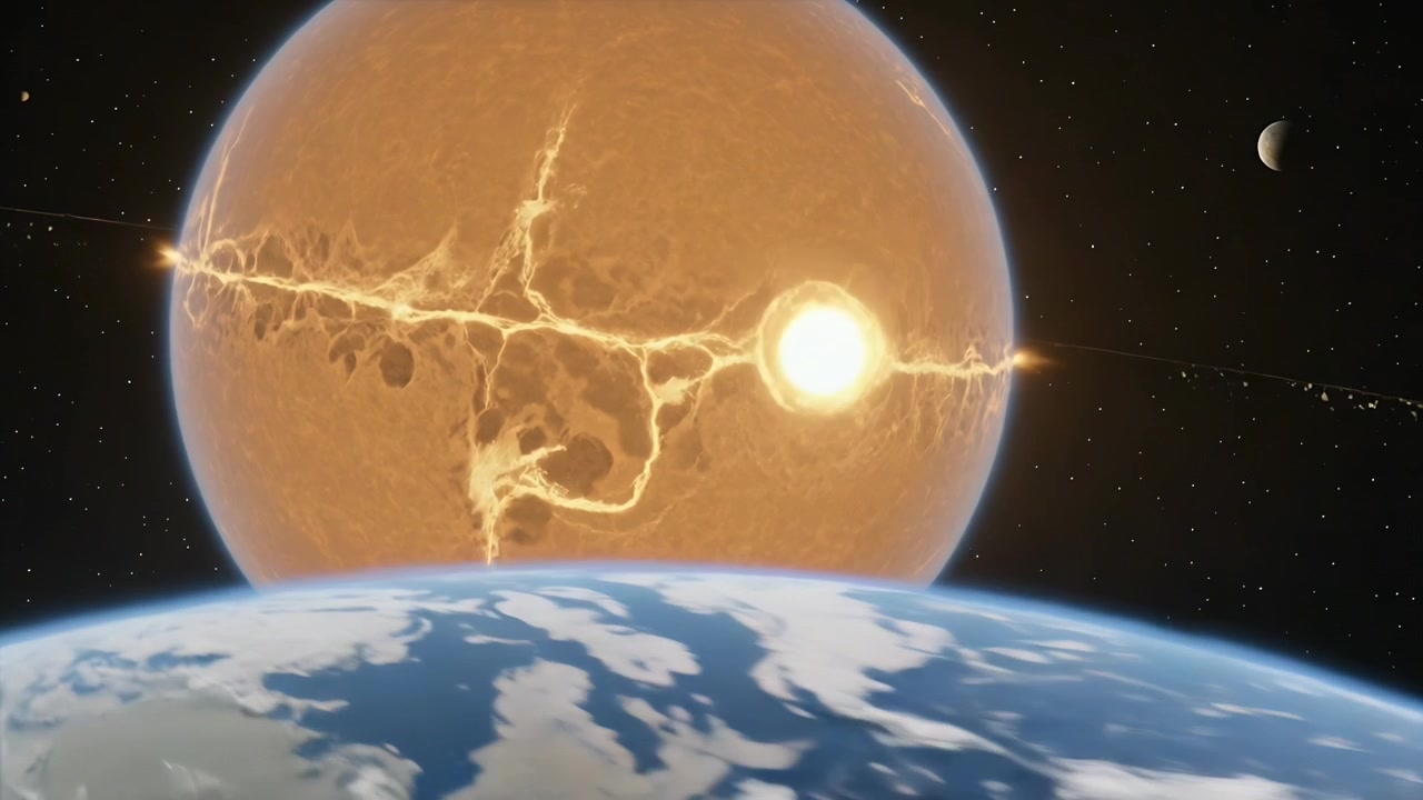 En flammende sprække får en orange kugle til at bryde ud og sender en kugle og en plasmajet nær en blå planet.