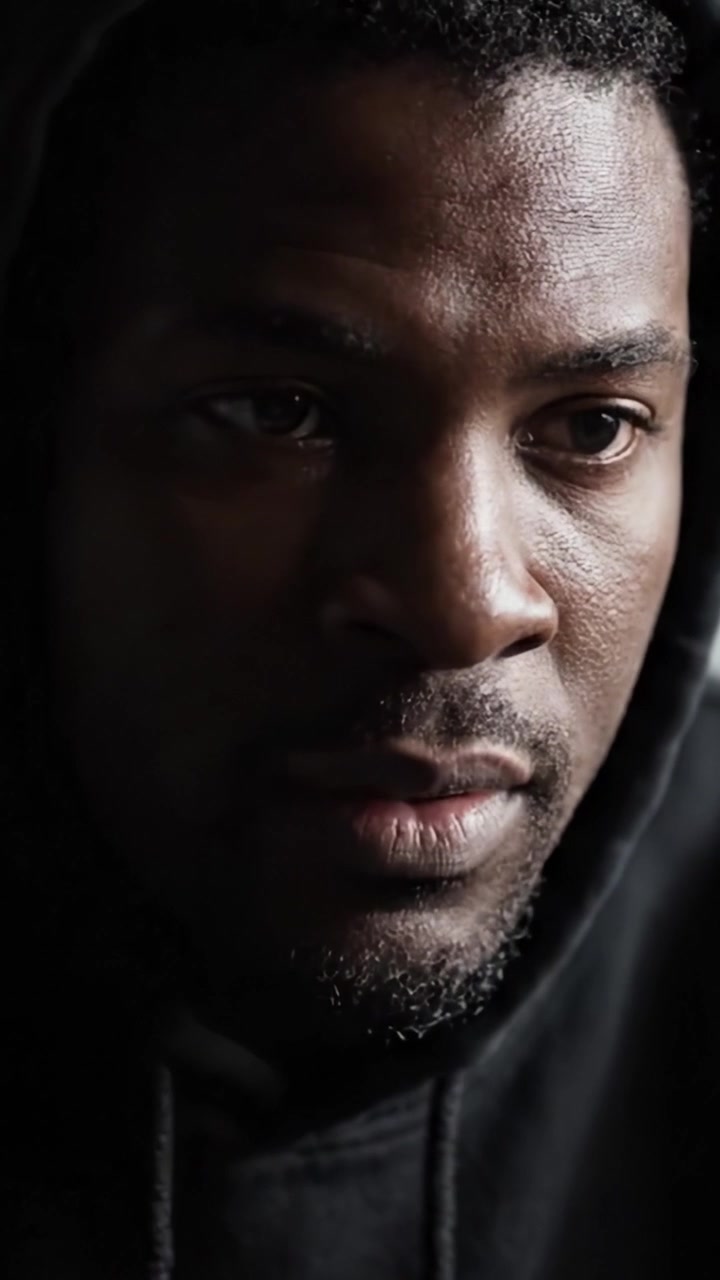 Deep Reflection: A Contemplative Moment Captured in the Shadows, Showcasing the Emotional Weight and Intensity of the Subject's Expression in a Hooded Attire.