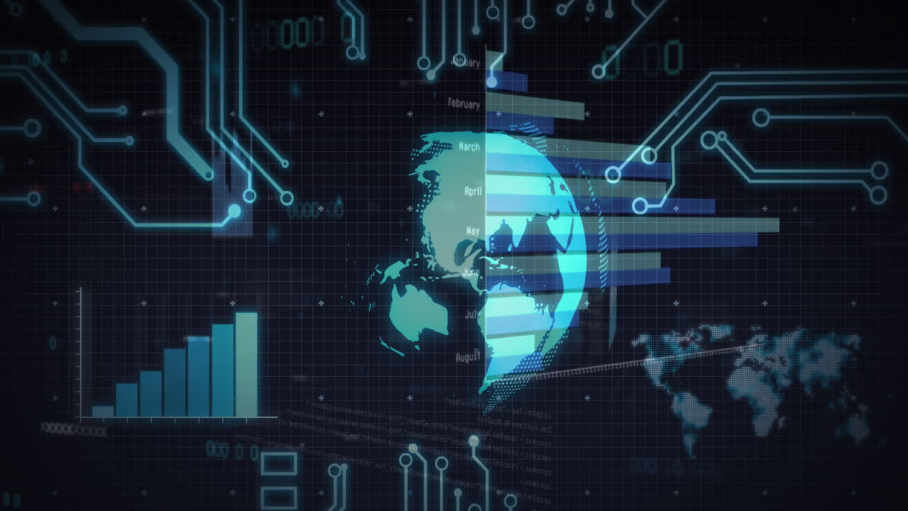 Animation of globe, circuit board, data processing over statistics