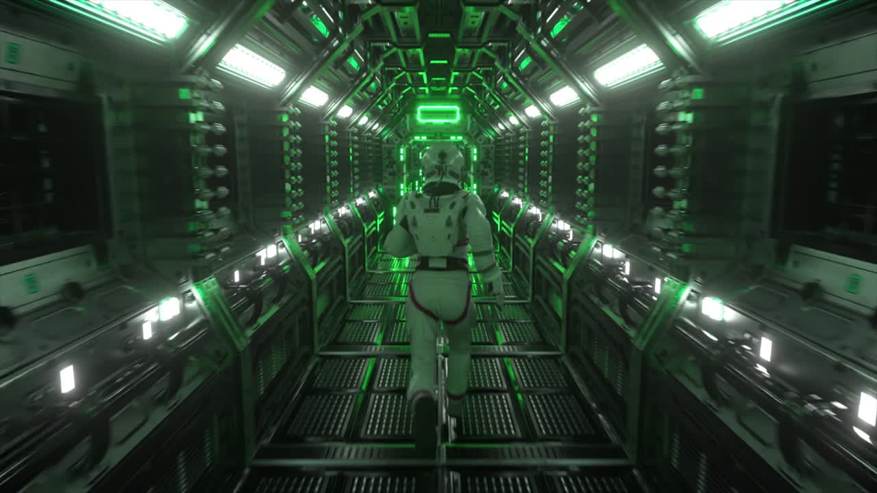 Astronaut runs through a tunnel to another compartment of the space gate. Spaceship and technology concept. 4k animation of seamless loop