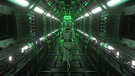 astronaut runs through a tunnel to another compartment of the space gate. spaceship and technology concept. 4k animation of seamless loop
