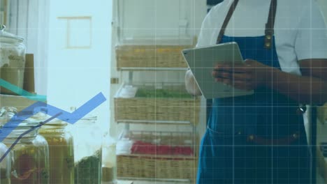 animación del procesamiento de datos financieros con líneas azules sobre un hombre que usa una tableta en la tienda