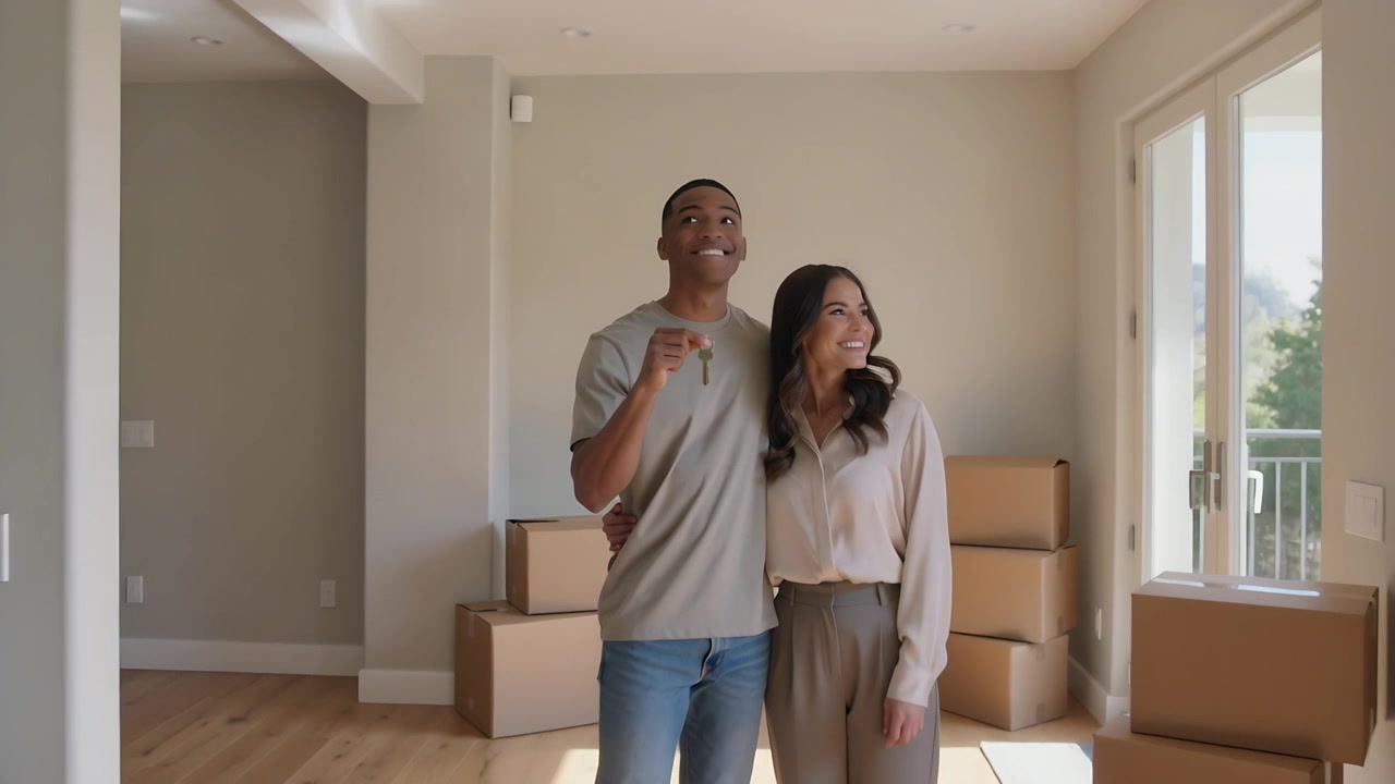 Casal com roupas casuais recebendo uma chave de latão, celebrando a mudança para uma sala de estar vazia com caixas.