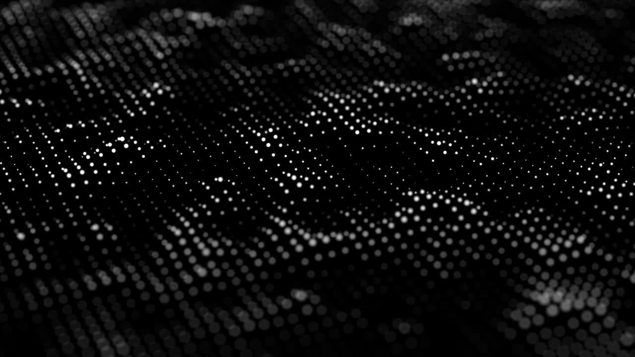 fondo de cuadrícula de partículas abstractas en color blanco con movimiento de onda en fondo negro. animación en bucle de 4k