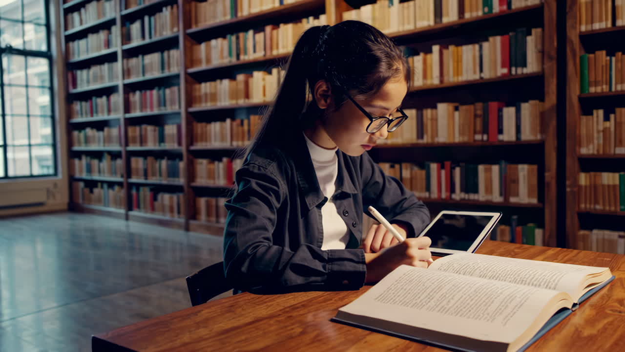 una chica estudiando en una biblioteca.