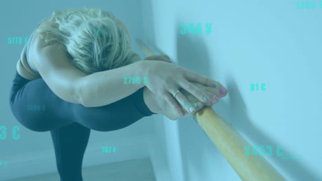 stretching on ballet barre, woman with financial data animation over her