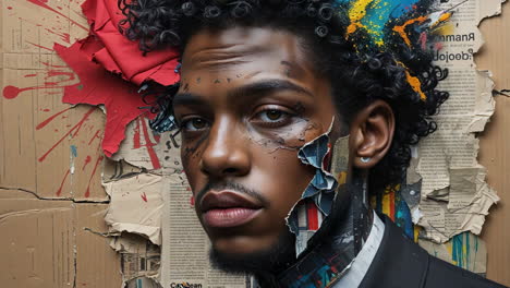 mixed media portrait of a man with cardboard and paint splatters
