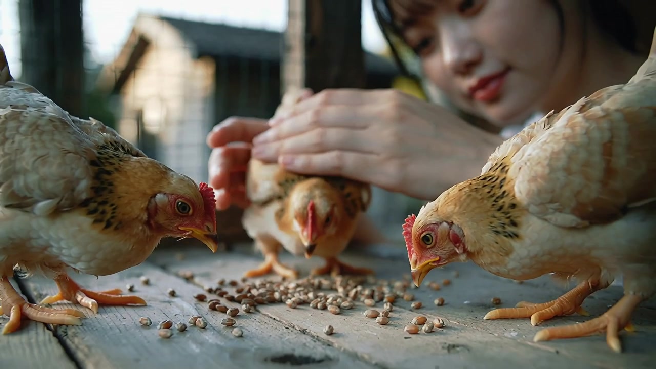 Spreading feed, woman in white top hands calming central hen, hens pecking feed in coop